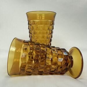 Vintage Set of 2 Indiana Glass Whitehall Cubist 6" Tall Footed Glasses Amber